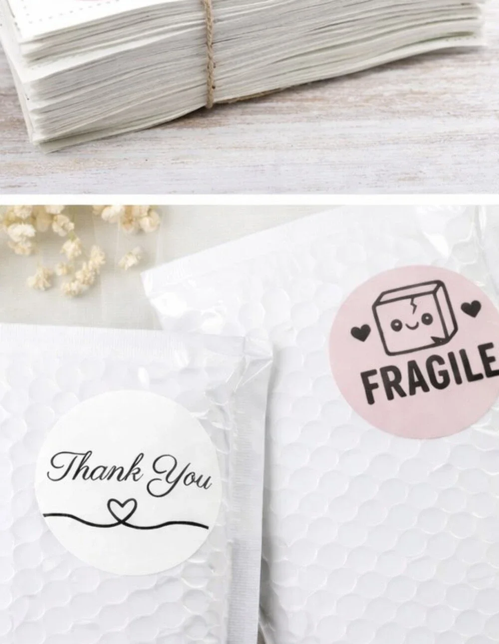 200 Thank You Fragile Packaging Sticker Bundle 2 Inch Round Pink/White Easy Peel